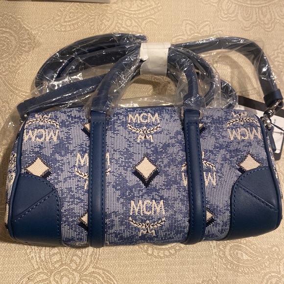 MCM BOSTON MINI VINTAGE JACQUARD MONOGRAM BLUE CANVAS & LEATHER BAG - Picture 2 of 10